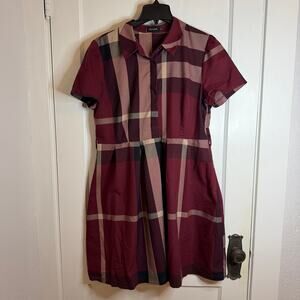 Liza Luxe Modcloth Plaid Shirt Dress XL Burgundy Short Sleeve Button Front Twee